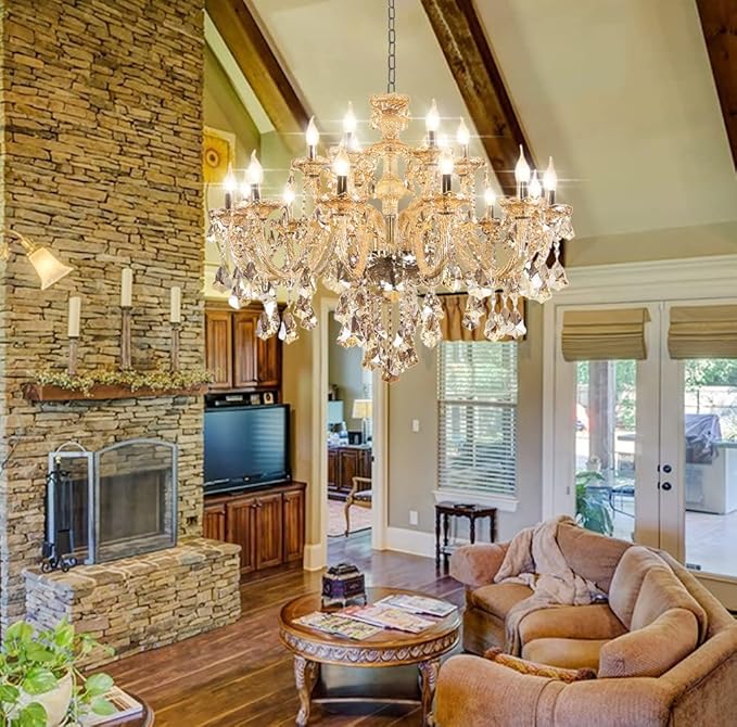 Luxury Cognac Crystal Chandelier 18 Lights,Contemporary K9 Crystal Ceiling Chandelier Lighting Fixture Candle Style E12 Base for Dinning Living Room Bedroom Hallway (18 Lights)