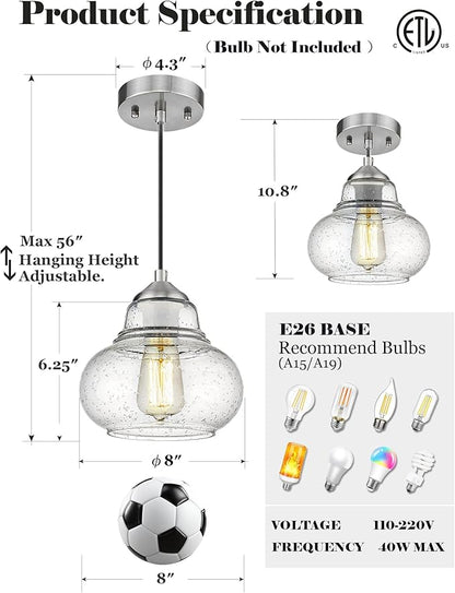 ELYONA 8 Inch Bubble Glass Pendant Light Industrial Kitchen Island Globe Hanging Pendant Light Fxiture Modern Hand Blown Seeded Glass for Farmhouse Dining Room Bar Bedroom Living Room Brushed Nickel
