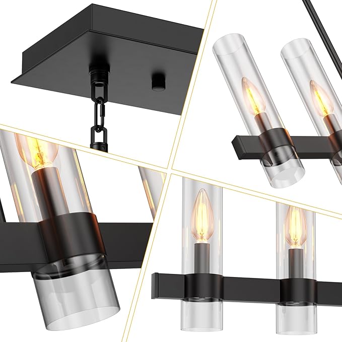 Island Lights for Kitchen,6-Light Modern Farmhouse Chandeliers for Dining Room,Large Linear Pendant Light Fixtures,Adjustable Height Hanging Dining Room Chandelier Over Table,Clear Glass Shade