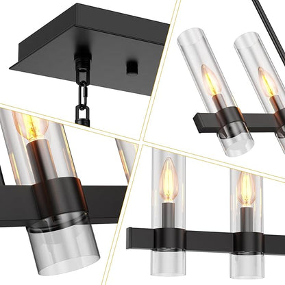 Island Lights for Kitchen,6-Light Modern Farmhouse Chandeliers for Dining Room,Large Linear Pendant Light Fixtures,Adjustable Height Hanging Dining Room Chandelier Over Table,Clear Glass Shade