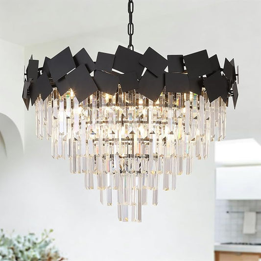 A AXILIXI Modern Large Crystal Chandeliers 30'' Black Round Chandeliers for High Ceiling K9 6-Tier Large Brass Ceiling Chandelier Light Fixtures Luxury Chandelier for Staircase Foyer Living Room
