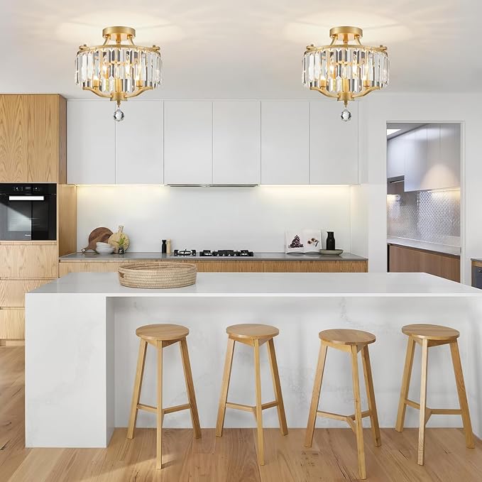 Crystal Gold Chandeliers Modern Farmhouse Small Chandelier 12.2 Inch 3-Light Round Crystal Mini Semi Flush Mount Ceiling Light Fixture for Dining Room Entryway Hallway Kitchen Bedroom Foyer