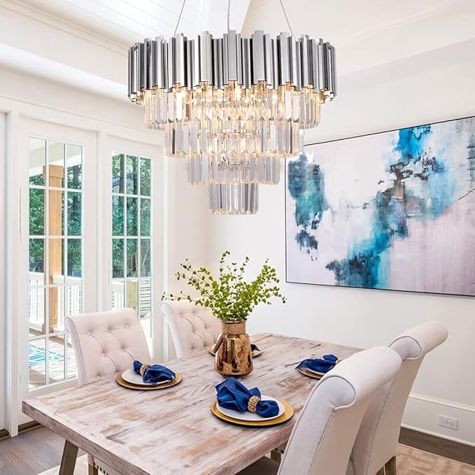 Chrome Crystal Chandelier, 7 Lights 4-Tier Modern Luxury Chandelier Lighting Fixture for Dining Room, Entryway, Bedroom, Round 21.6"