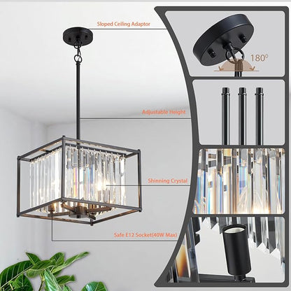 Square Black Crystal Chandeliers for Dining Room, 13" Luxury Geometric 4-Light Kitchen Farmhouse Pendant Lighting Fixture for Pool Table Entryway Foyer Hallway Office