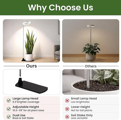 LBW Grow Lights for Indoor Plants, 6.3" Full Spectrum Plant Light with Base, 59" Height Adjustable Grow Lamp, 6/8/12/16H Auto Timer, 3 Light Colors, 5 Dimmable Levels, for Tall Large Plants, White