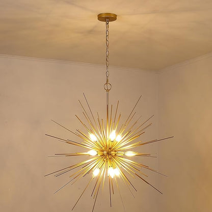 Untrammelife 33in Modern Gold Sputnik Chandelier, 9-Light Starburst Pendant Light Fixture, Mid-Century Firework Ceiling Fixture for Entryway, Dining Room, Living Room, Bedroom, Kitchen