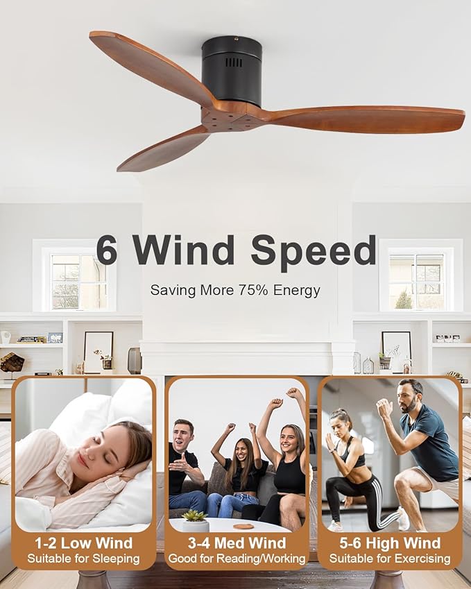Sofucor 52 Inch Smart Ceiling Fans without Light-Modern Solid Wood Outdoor 3 Blades Ceiling Fan No Light APP Remotel Control for Bedroom Living Room Indoor Farmhouse Patio, DC Motor,Black Walnut