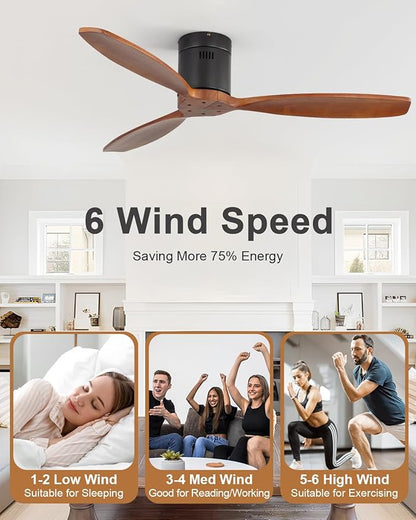 Sofucor 52 Inch Smart Ceiling Fans without Light-Modern Solid Wood Outdoor 3 Blades Ceiling Fan No Light APP Remotel Control for Bedroom Living Room Indoor Farmhouse Patio, DC Motor,Black Walnut