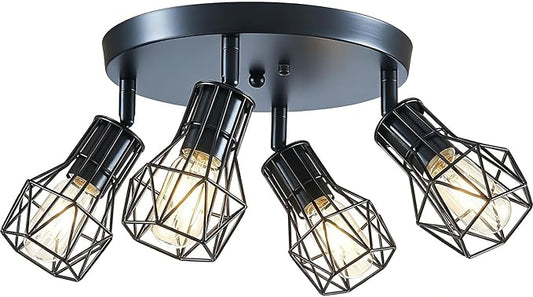 4-Light Black Farmhouse Flush Mount Ceiling Light, Industrial Rustic Black Light Fixture, Adjustable Overhead Lighting for Kitchen, Dining Room, Hallway, Entryway, Bedroom, Laundry Room