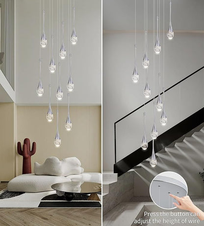 Modern Crystal Chandelier 9-Lights Chrome, H98.5'' High Ceiling Spiral Dimmable LED Bubble Crystal Raindrop Light Fixture for Foyer Entryway Dining Room Remote Control