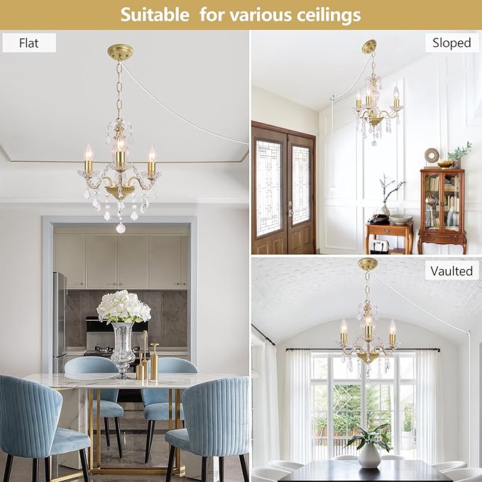 Plug in Modern 3-Light Gold Chandelier with Glass Crystals, Candle Style Pendant Light Fixtures for Living Room, Girls Room, Kitchen Island, Entryway