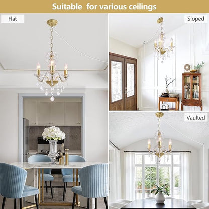 Plug in Modern 3-Light Gold Chandelier with Glass Crystals, Candle Style Pendant Light Fixtures for Living Room, Girls Room, Kitchen Island, Entryway