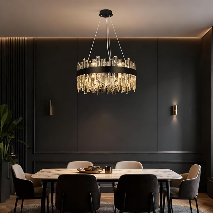 Crystal Chandeliers for Dining Room Lights Fixtures, 12 Lights Luxury Black Modern Chandeliers for Bedroom, 2-Tier Round Crystal Lighting Fixtures for Living Room Entryway Kitchen Island D20 Inch