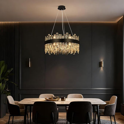 Crystal Chandeliers for Dining Room Lights Fixtures, 12 Lights Luxury Black Modern Chandeliers for Bedroom, 2-Tier Round Crystal Lighting Fixtures for Living Room Entryway Kitchen Island D20 Inch