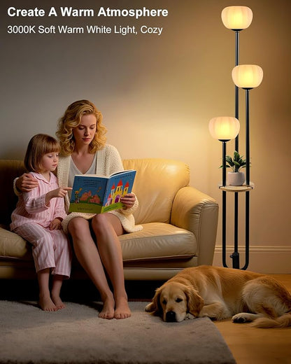 Black Floor Lamp Dimmable Modern Floor Lamps with Pumpkin Lampshade & Table, 3000K Soft Warm White Bulbs Included, 3-Light Tall Standing Lamp with 5Lbs Heavy Base for Living Room/Bedroom