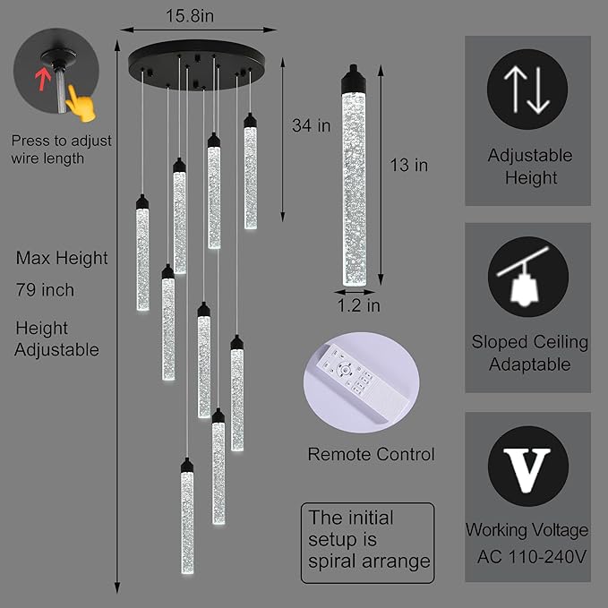 Crystal Staircase Chandelier, Modern Black Spiral Dimmable LED Cluster Raindrop Foyer Chandelier Lighting, Bubble Living Room Hanging Light Fixture 9 Light Remote Control