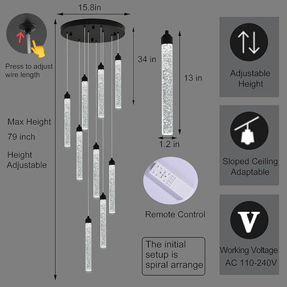 Crystal Staircase Chandelier, Modern Black Spiral Dimmable LED Cluster Raindrop Foyer Chandelier Lighting, Bubble Living Room Hanging Light Fixture 9 Light Remote Control