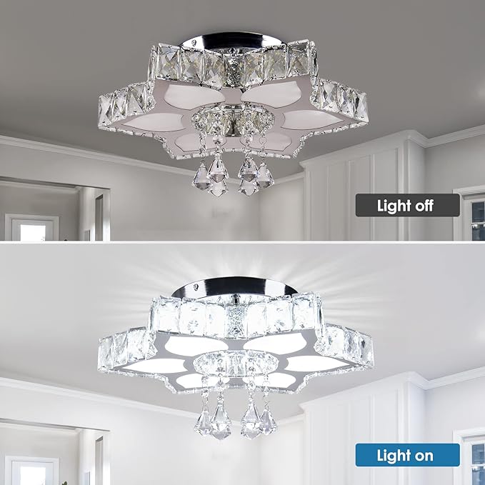 CLAIRDAI 16.1" Crystal Ceiling Light Fixture Modern Crystal Chandelier Flower LED Chandeliers Flush Mount Ceiling Light for Bedroom Dining Room Living Room (6500K Cool White)
