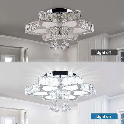 CLAIRDAI 16.1" Crystal Ceiling Light Fixture Modern Crystal Chandelier Flower LED Chandeliers Flush Mount Ceiling Light for Bedroom Dining Room Living Room (6500K Cool White)