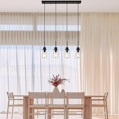4-Lights Pendant Lighting for Kitchen Island in Black, Ceiling Light Fixtures with Adjustable Hanging Wire & Clear Glass Shades