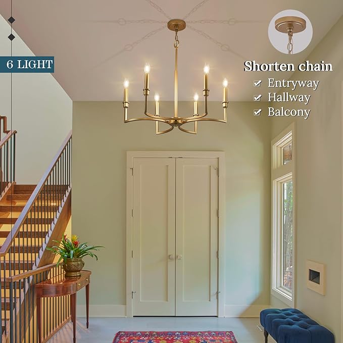 Gold Chandelier Light Fixture 6-Light Candle Dining Room Chandelier Lighting Over Table Vintage Brass Metal Chandeliers for Bedroom Kitchen Island Foyer Entryway, 26in