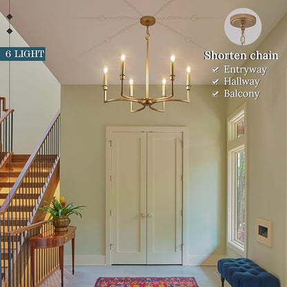 Gold Chandelier Light Fixture 6-Light Candle Dining Room Chandelier Lighting Over Table Vintage Brass Metal Chandeliers for Bedroom Kitchen Island Foyer Entryway, 26in