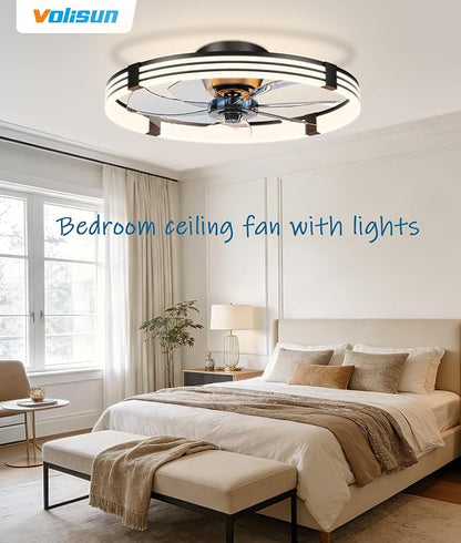 VOLISUN Low Profile Ceiling Fans with Lights and Remote, 24in Flush Mount Ceiling Fan with Light, 3000K-6500K Dimmable Fandelier LED Fan Light, Black Bladeless Ceiling Fans with Lights for Bedroom
