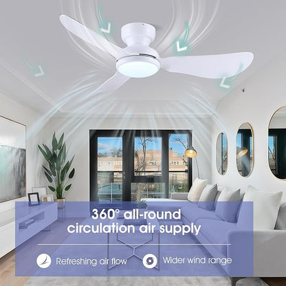 Kviflon 46 Inch Ceiling Fans with Lights, Small Flush Mount Ceiling Fan, Remote/APP Control, 3 Reversible Curved Blades, 6 Speeds, 3 CCT Dimmable Lights for Bedroom, White