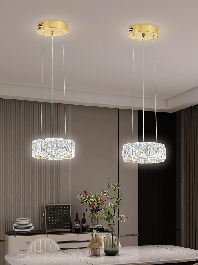 Modern LED Dimmable Crystal Chandelier 8" Ring Gold Pendant Light Fixtures for Kitchen Island Dining Room Living Room