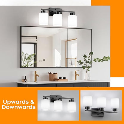 PARTPHONER 3-Light Matte Black Bathroom Light Fixtures, Modern Vanity Light Over Mirror Lighting, Wall Sconce with Frosted Milky White Glass Shades for Bedroom Living Room Kitchen Hallway