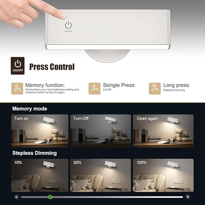 YiLaie LED Wall Sconce, Wall Mounted Lamp with 4000 mAh Battery Operated Wall Sconce Touch Controls & Brightness Adjustment, 360° Rotate Cordless Battery Wall Lamps for Bedroom, BedsideReading-White