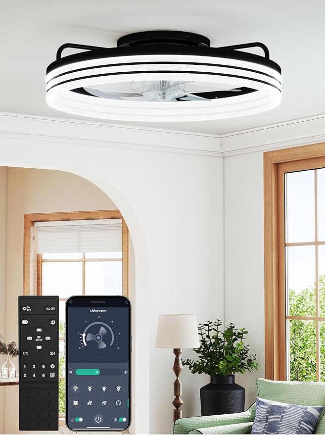 20-Inch Low Profile Ceiling Fan with Lights and Remote Control, Black Modern Flush Mount LED Ceiling Fan, Quiet Fandelier with 6 Wind Speeds, 3000K–6500K Dimmable Lighting for Bedroom