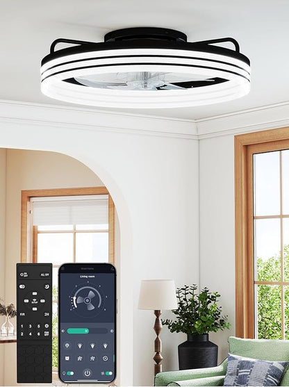 20-Inch Low Profile Ceiling Fan with Lights and Remote Control, Black Modern Flush Mount LED Ceiling Fan, Quiet Fandelier with 6 Wind Speeds, 3000K–6500K Dimmable Lighting for Bedroom