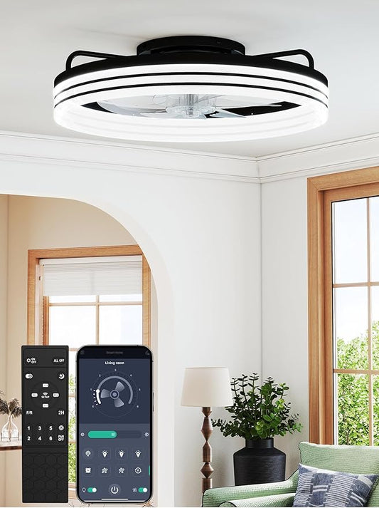20-Inch Low Profile Ceiling Fan with Lights and Remote Control, Black Modern Flush Mount LED Ceiling Fan, Quiet Fandelier with 6 Wind Speeds, 3000K–6500K Dimmable Lighting for Bedroom