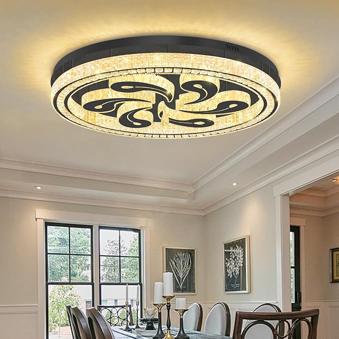 Modern Crystal Chandeliers for Dining Room Flush Mount Ceiling Chandelier for Living Room Dining Room Ring LED Crystal Ceiling Light (Round,40in Black,Dimmable 2700K-6500K)