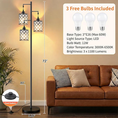Dimmable Floor Lamp, Farmhouse Standing Lamp with Elegant Metal Cage, Industrial Tall Tree Floor Lamps for Living Room, Bedroom, Study Room, Office, 3 x 1100LM LED Bulbs Included, 72",Black