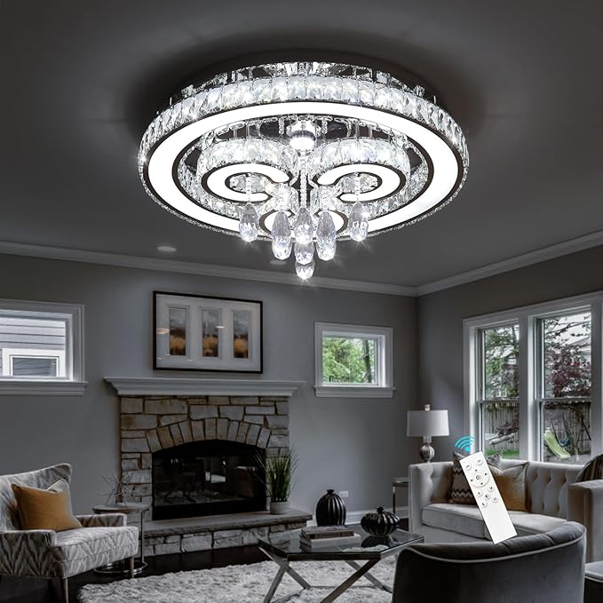 HAIXIANG Modern Glam Chandelier LED Crystal Light Interior Luxury Ceiling Chandeliers Remote Dimmable Lights Fixture 24 Inches Silver Light