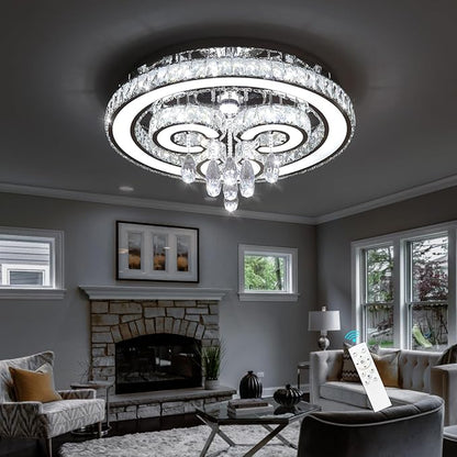 HAIXIANG Modern Glam Chandelier LED Crystal Light Interior Luxury Ceiling Chandeliers Remote Dimmable Lights Fixture 24 Inches Silver Light