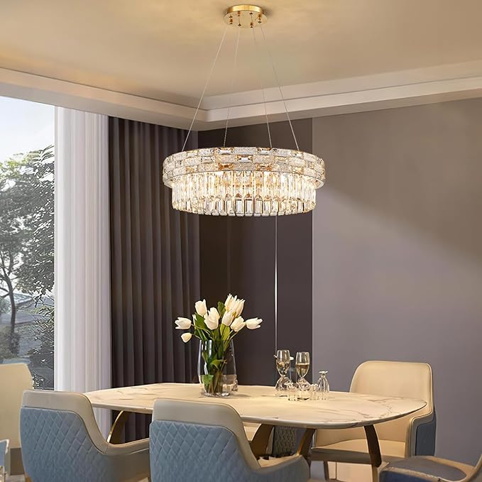 Morden Crystal Chandeliers for Dining Room 8 Lights Gold Chandelier Round Crystal Chandelier Pendant Light Fixture Kitchen Island Entryway Living Room 23" D x 8.7" H
