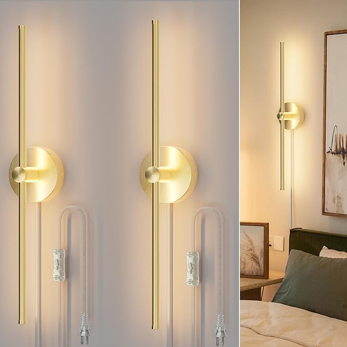 ZAGO Plug in or Hardwired Linear Wall Sconce: 24 Inch LED Indoor Modern Linear Wall Lights Set of Two with On/Off Switch, 5CCT Switchable, Brushed Gold, Dimmable for Living Room, Bedroom, Hallway