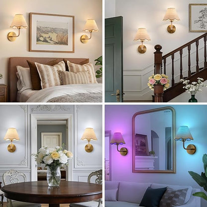ADISUN Battery Operated Wall Sconce Set of 2, Gold Wall Lamps for Living Room, Rattan Shade, Dimmable, Wireless Wall Lights for Bedroom Living Room Hallway Kitchen(2 Bulbs Included)