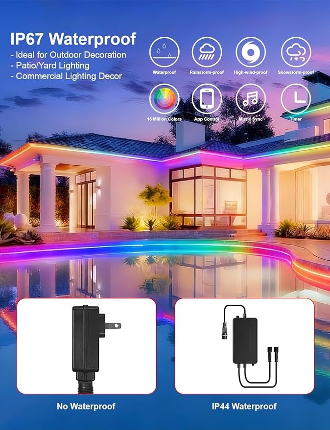 80ft/24m COB LED Strip Lights Outdoor, Smart RGB IC IP67 Waterproof Dimmable Color Changing Tape Light with App Remote Control & Music Sync, for Eave, Patio, Pool & Party Darden Decorations(2 Rolls)