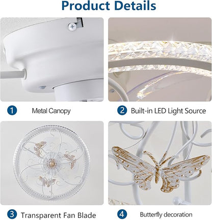 20" White Ceiling Fan with Lights Remote Control, 6 Speeds Retro Industrial Caged Ceiling Fan with Light for Kitchen Bedroom Living Room