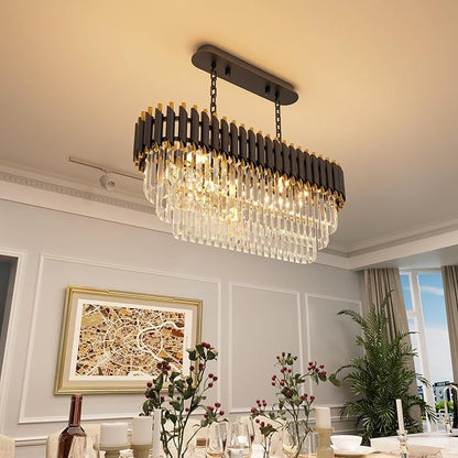 31.5" 8-Light Modern Black Gold K9 Crystal Chandelier, Luxury Rectangular Raindrop Pendant Light with Adjustable Chain, Hanging Chandeliers for Dining Room, Kitchen Island, Living Room