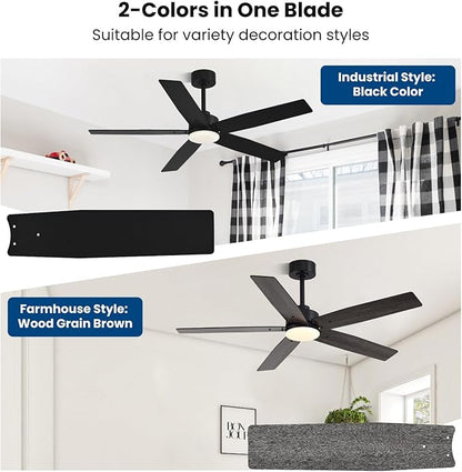 Modern 52 Inch Ceiling Fans with Lights and Remote for Bedroom Living Room Kitchen Home Office Indoor/Outdoor, 18W 3CCT Dual Color 5 Blades 6 Speed Reversible Quiet DC Motor, Black/Wood Grain