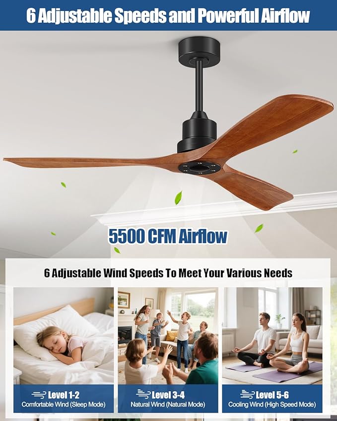 Ceiling Fans With Remote Control, Outdoor Ceiling Fan for Patios Indoor, 3 Downrods, 3 Blades, Timer, 6 Speed Reversible Quiet DC Motor Modern Fan Solid Wood Fan, 52in, Brown