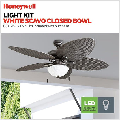 Honeywell Ceiling Fans Inland Breeze, 52 Inch Tropical Indoor Outdoor Ceiling Fan with Light, Pull Chain, Three Mount Options, Weather Resistant Blades - 50510-01 (Bronze)