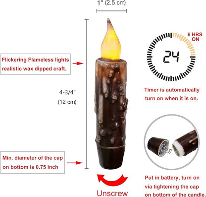 CVHOMEDECO. Real Wax Hand Dipped Battery Operated LED Timer Taper Candles Country Primitive Flameless Lights Décor, 4-3/4 Inch, Brown, 2 PCS in a Package
