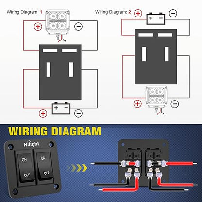Nilight 2 Gang ON-Off Switch Panel 4 PIN DPST Toggle Switches 12V 20A Black Anodized Aluminium Shell Bracket with Screws Ternimals Jumper Wires Set for Cars Trailers Boats RV Camper