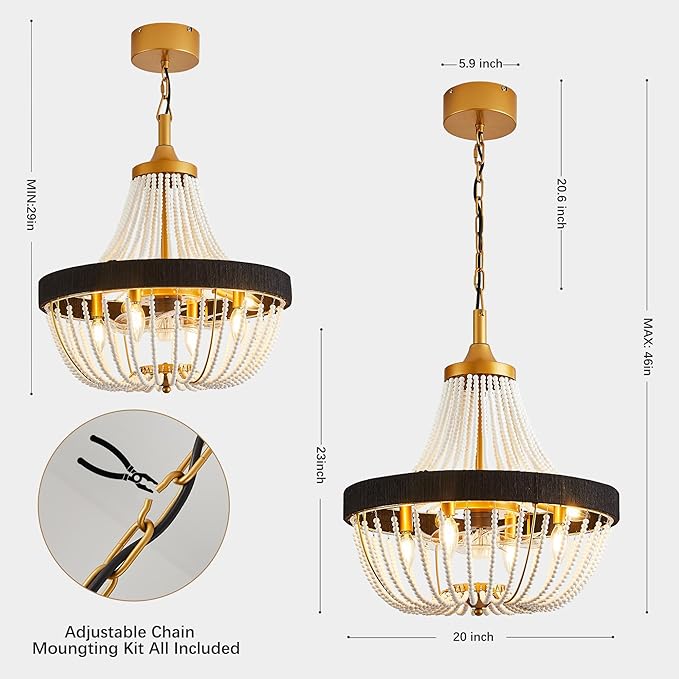 20 Inch Bohemian Empire Ceiling Fan Light 7 Blades, Remote APP Control, Adjustable Chain, Quiet Operation Ideal for Hallway, Living Room, Bedroom (Gold Metal+White Wood Bead, 20" Rustic Style)